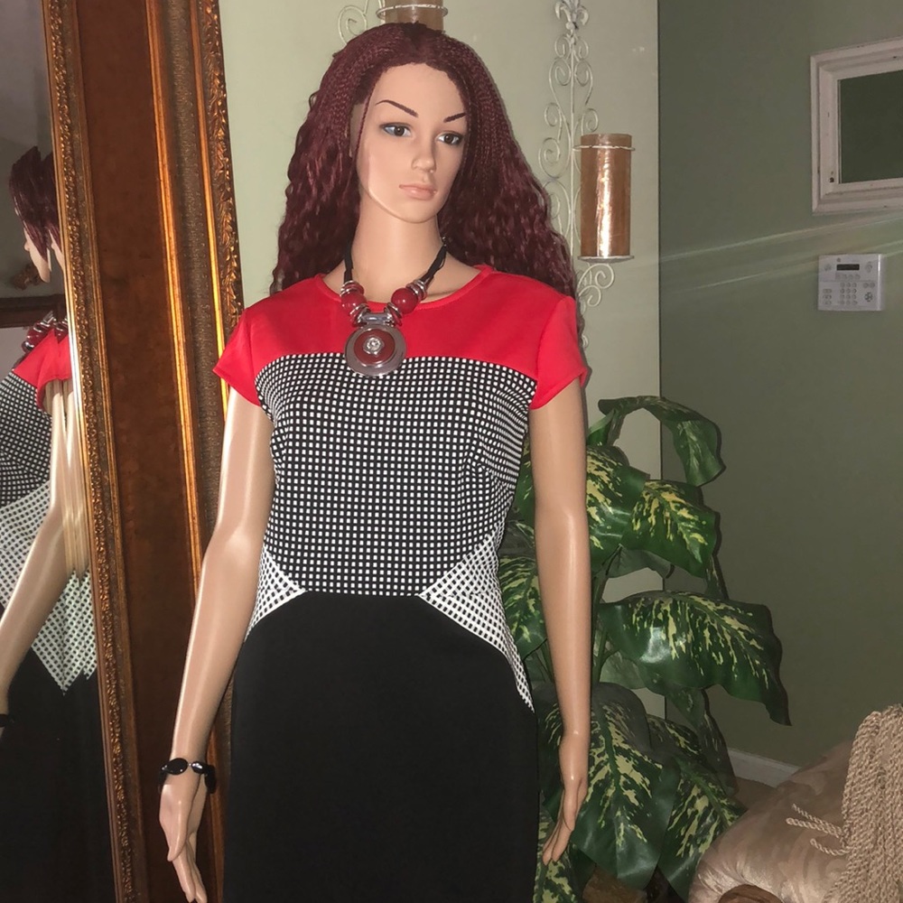 Red, white, and black dress.